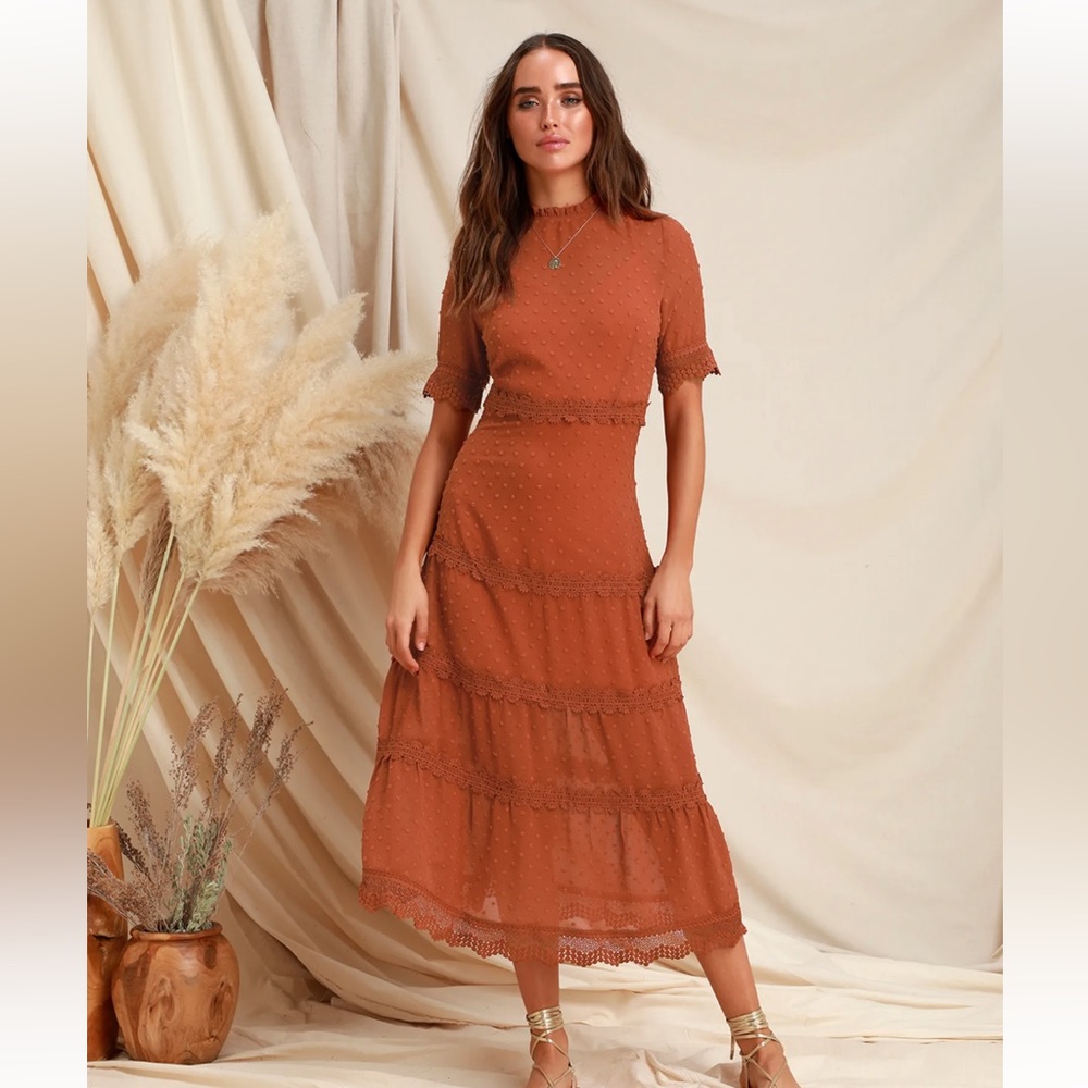 Lulus Dreaming of You Rust Orange Swiss Dot Midi Dress